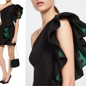 Sandro Paris Kemila Asymmetrical Ruffle Shoulder Mini Dress in Black Size 2